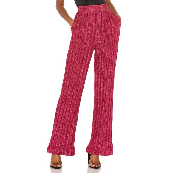 NBD Phoibe Pant Fuchsia Lurex Sparkle Glitter High Waist Plisse Pleats SZ S - Picture 1 of 6